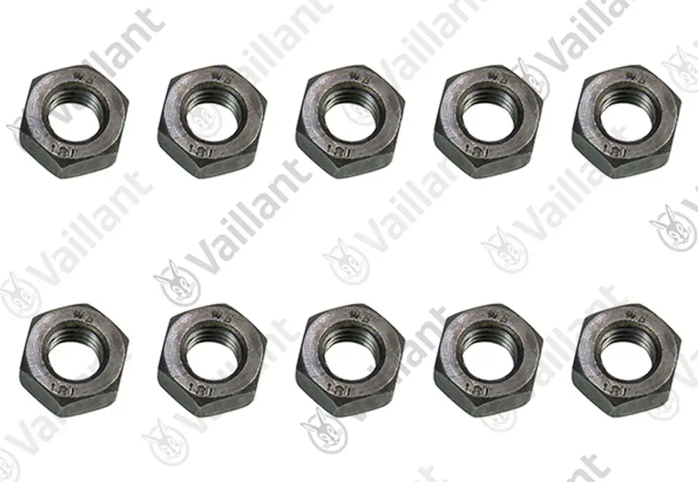 Zehn metallene Muttern im Bild, die zum Sortiment der Marke Vaillant gehören. Die Muttern haben ein sechseckiges Design und sind für mechanische Anwendungen geeignet.